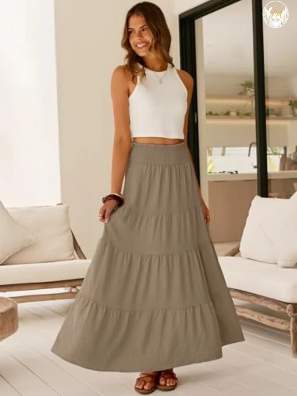 Women's Maxi Skirt Elastic High Waist A-Line Tiered Flowy Boho Casual